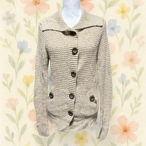 Natural Reflections Beige Button Accent Cardigan Pockets Medium Wool Blend